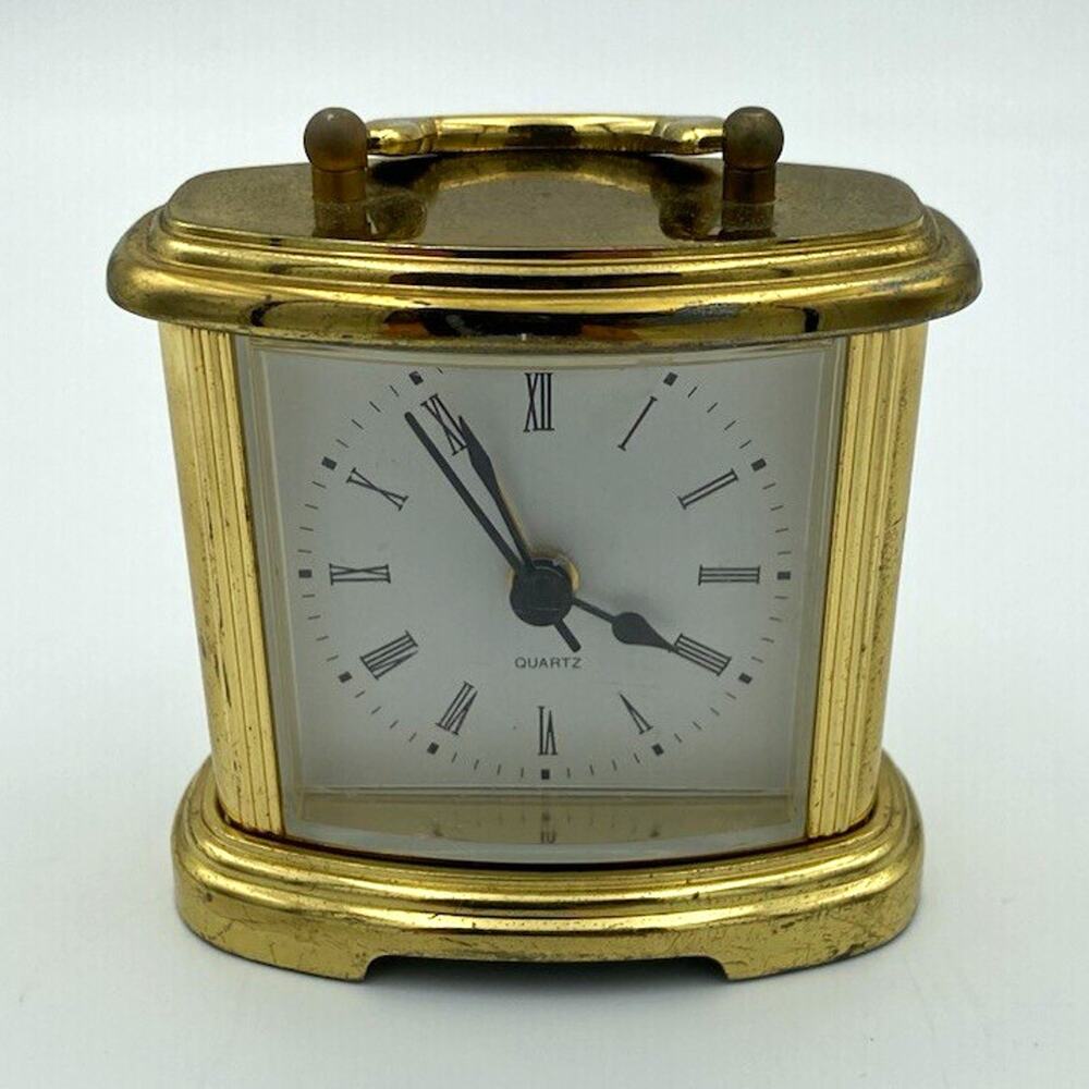 Gold Metal Desk/Mantel Vtg Clock Quartz Battery Analog Roman Numerals Wrks